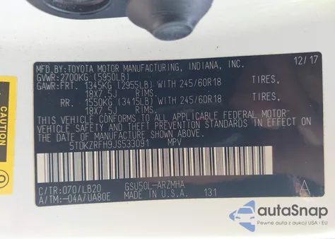 2018 Toyota Highlander Se/Xle from USA, damaged, VIN 5TDKZRFH9JS533091